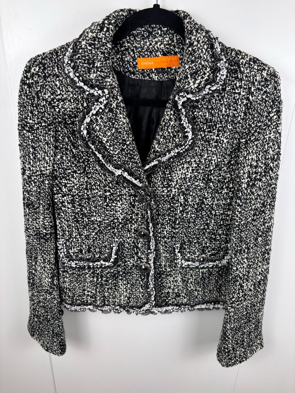 Cynthia Steffe Tweed Blazer sz 14 Black White Boucle Ruffles Jeweled Buttons